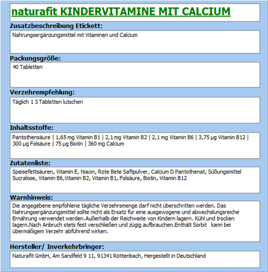 NATURAFIT Kindervitamine m.Calcium Lutschtabletten