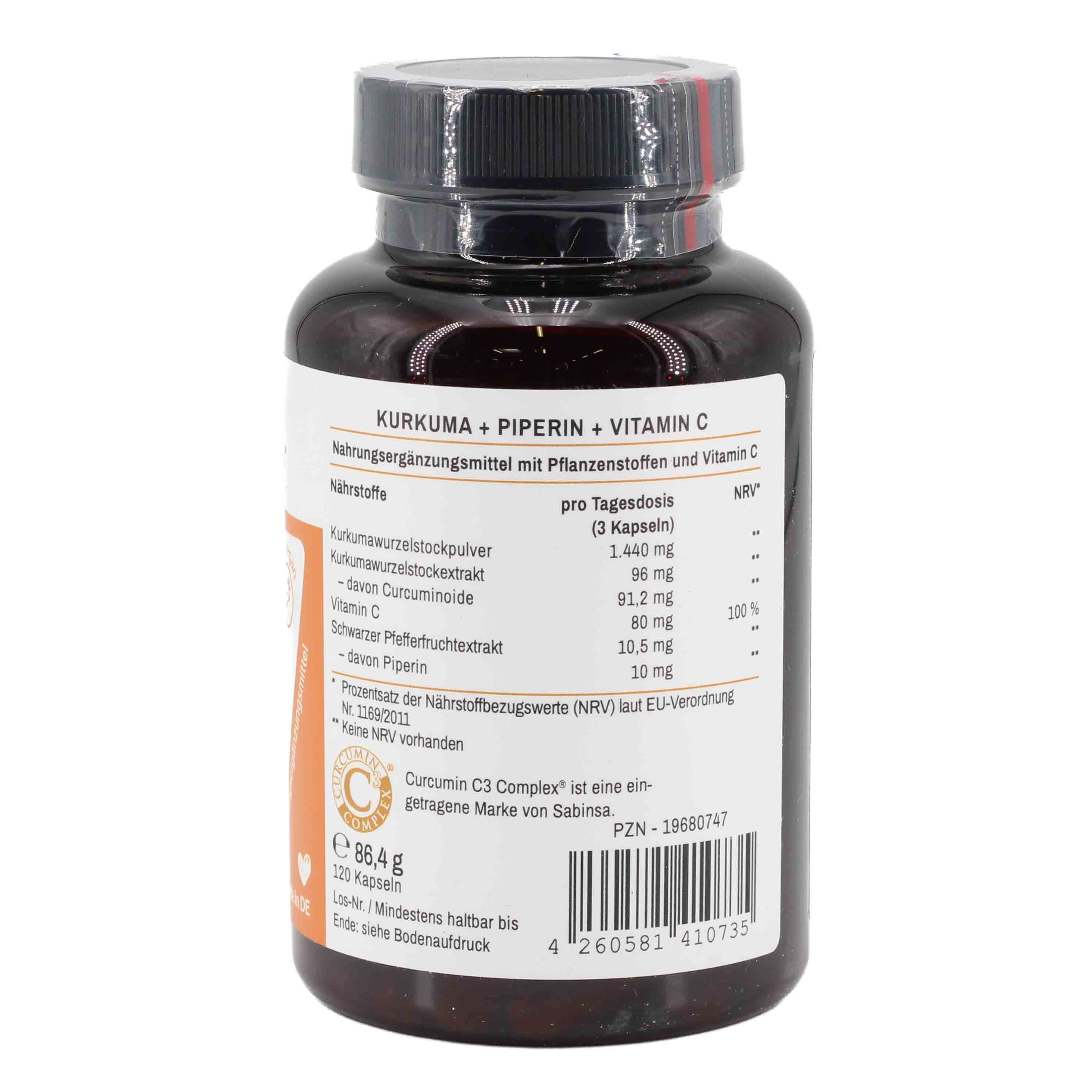 KURKUMA 95% Curcumin+Piperin+Vitamin C vegan Kaps.